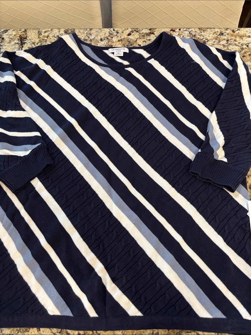 Liz Claiborne Navy, Light Blue & White Striped Crewneck Sweater